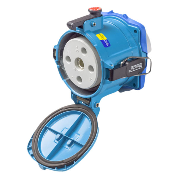 37-24167-180-375-4X - DS200 RECEPTACLE METAL BLUE SIZE 6 TYPE 4X 3P+N+G 200A 120/208 VAC 60 Hz 180 DEGREE OPENING LID MUSHROOM PAWL TYPE 4X WATERTIGHTNESS